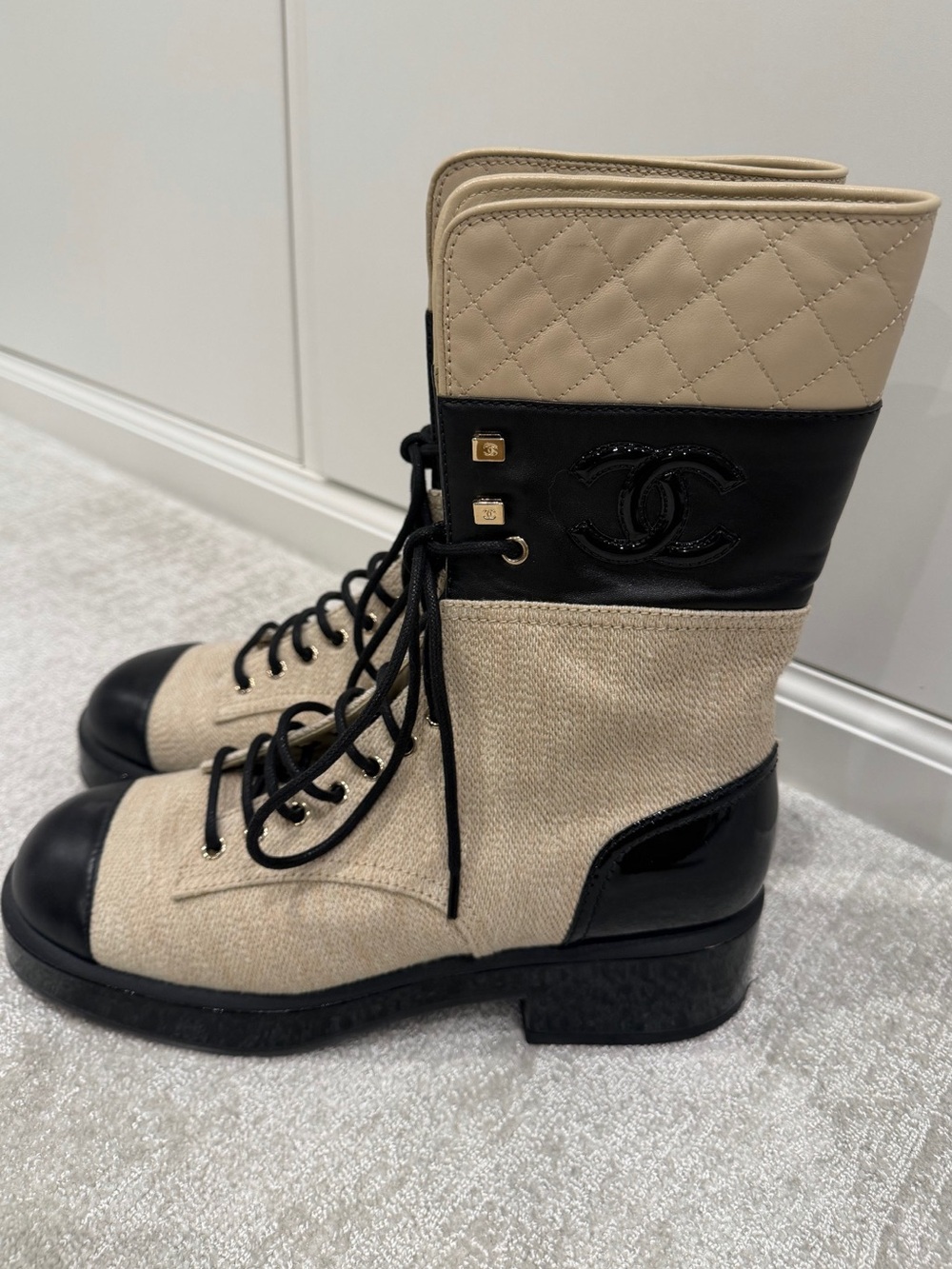 CHANEL Quilted Canvas and Leather Lace-Up Boots in Beige and Black
